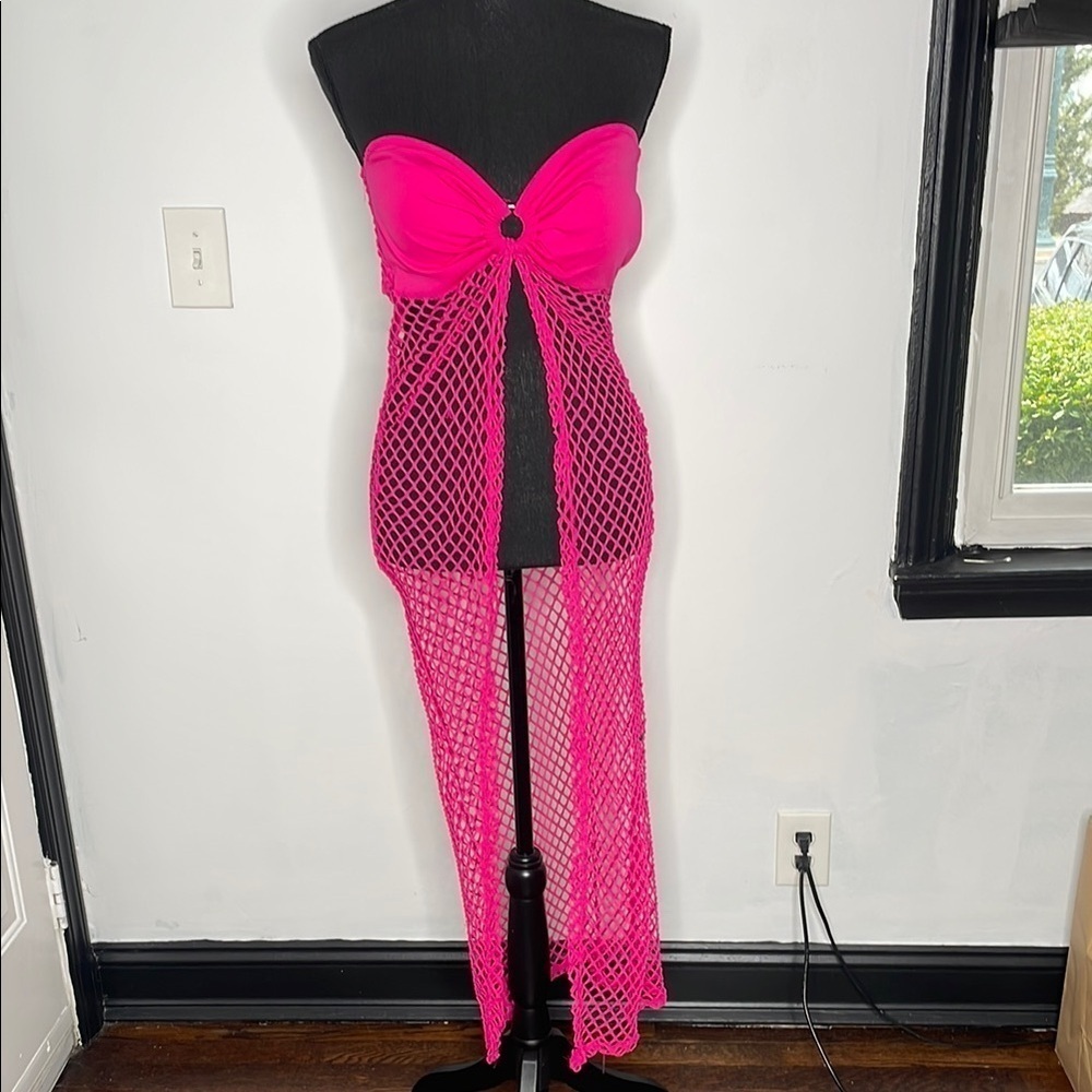 Vibrant Pink Mesh Open Front Swim Cover-Up Dress - Picture 2 of 9